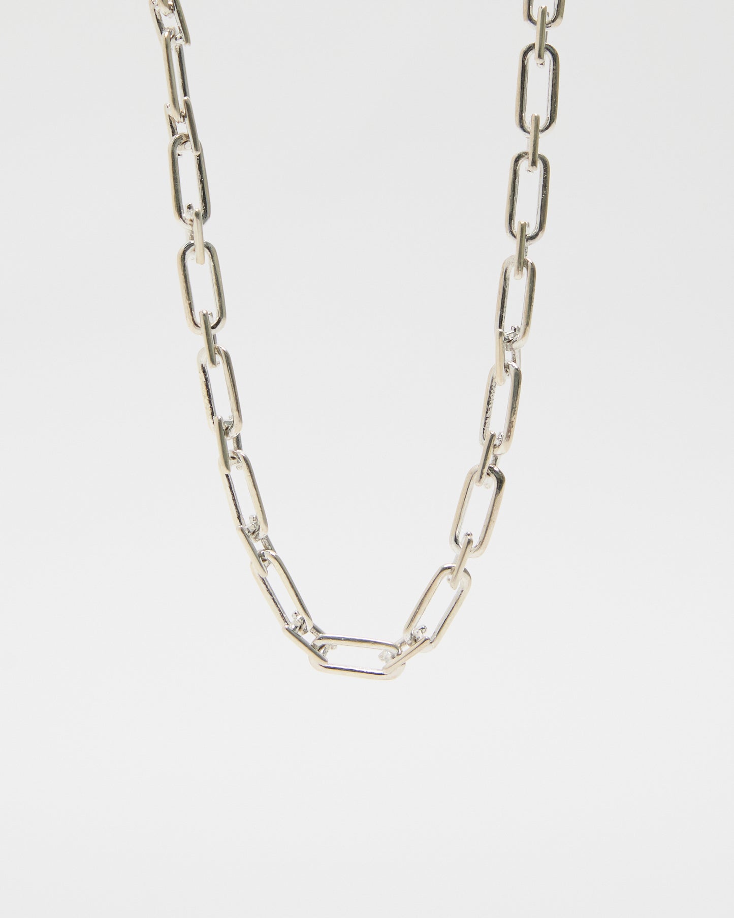 polished sterling silver link chain necklace, rectangular links with high-polish finish, contemporary minimalist jewelry design, layering-ready chain accessory for women