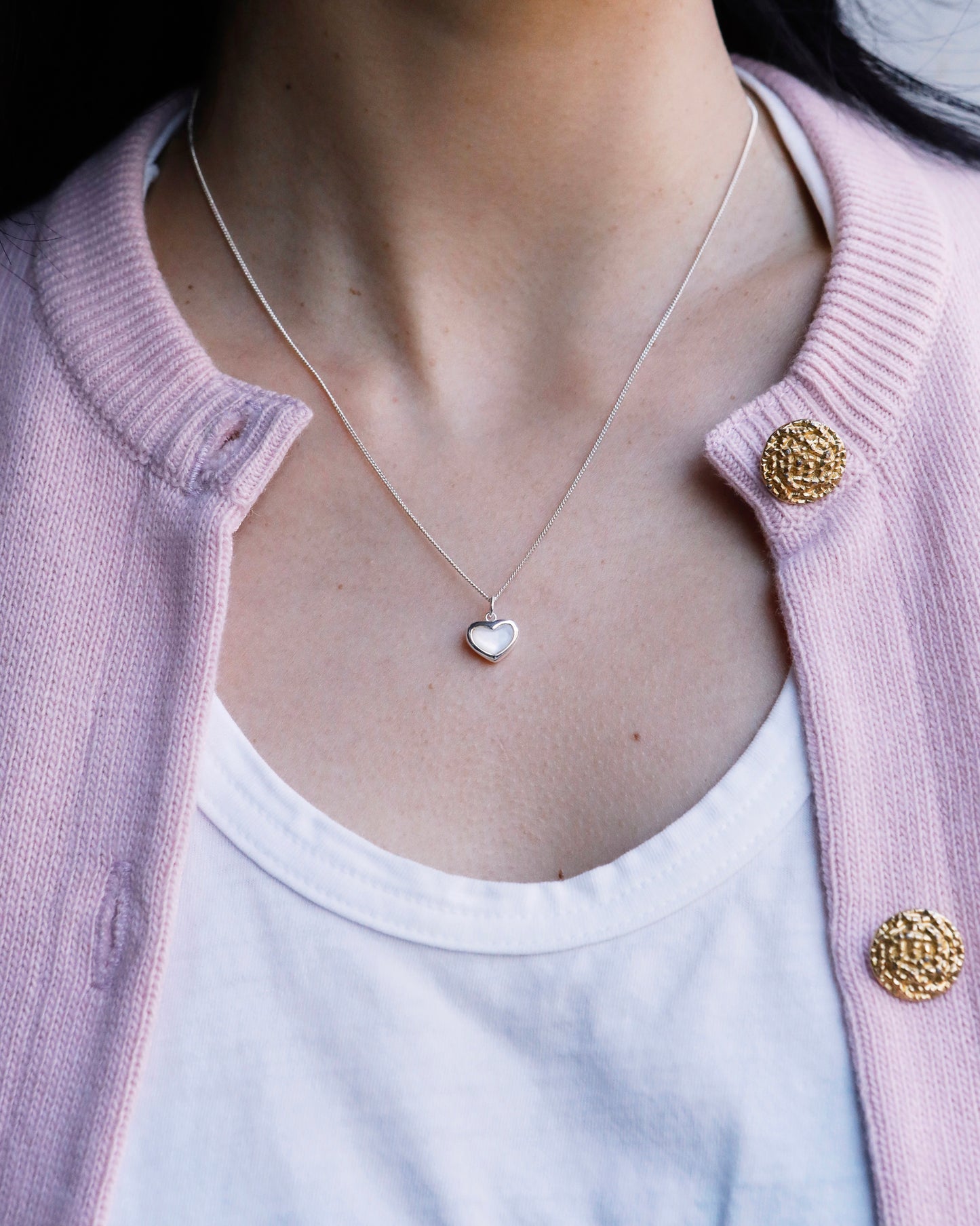 polished heart necklace featuring mother of pearl, simple and timeless design