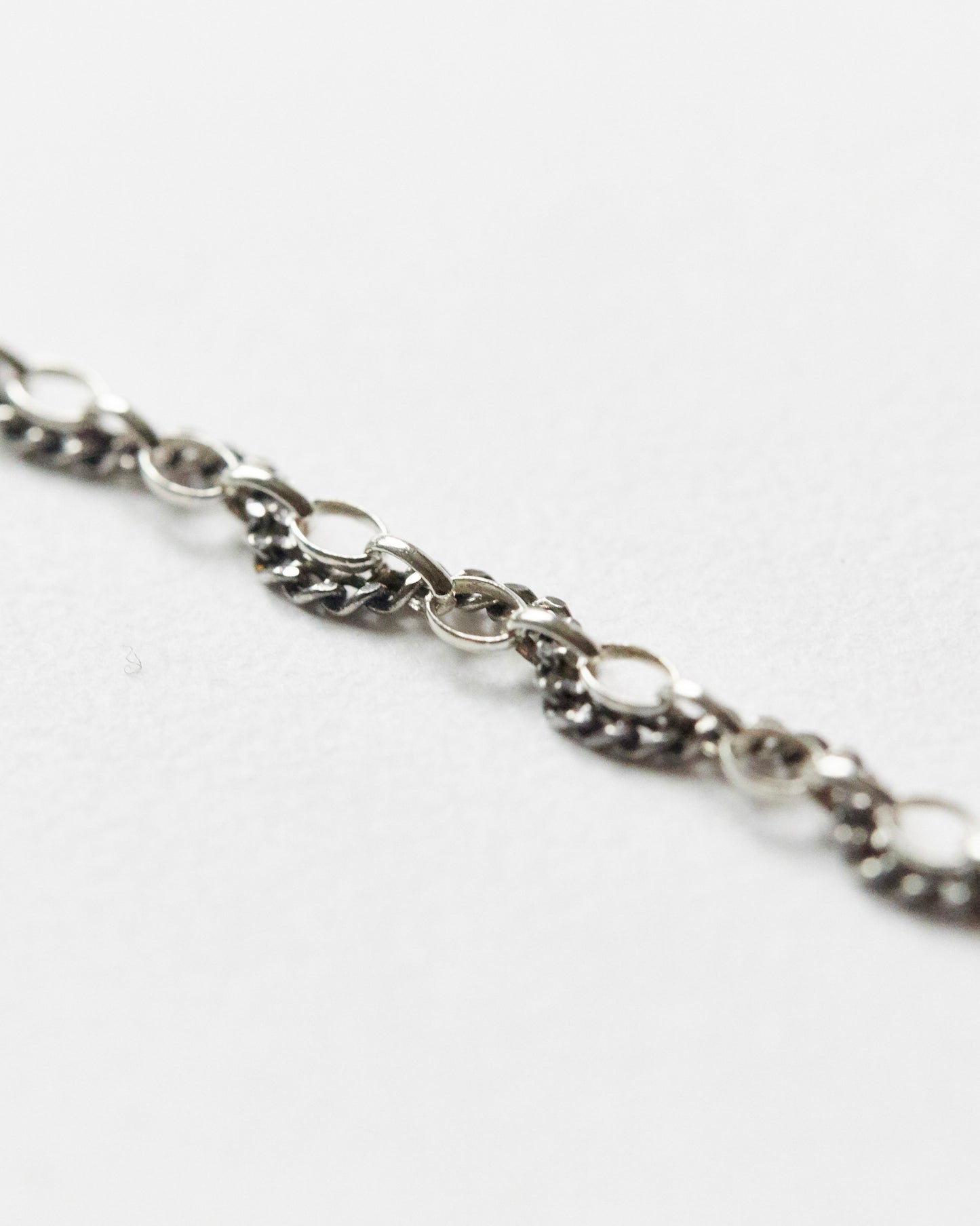 Detailed view of textured sterling silver mixed-link bracelet chain