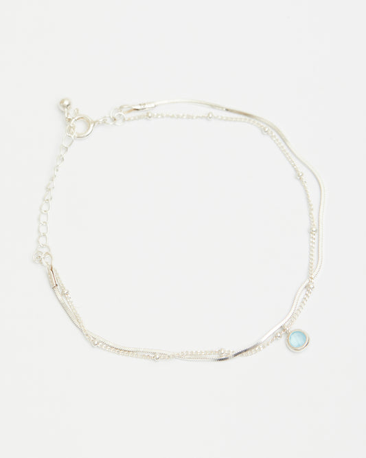 Minimal sterling silver layered chain bracelet with soft blue charm
