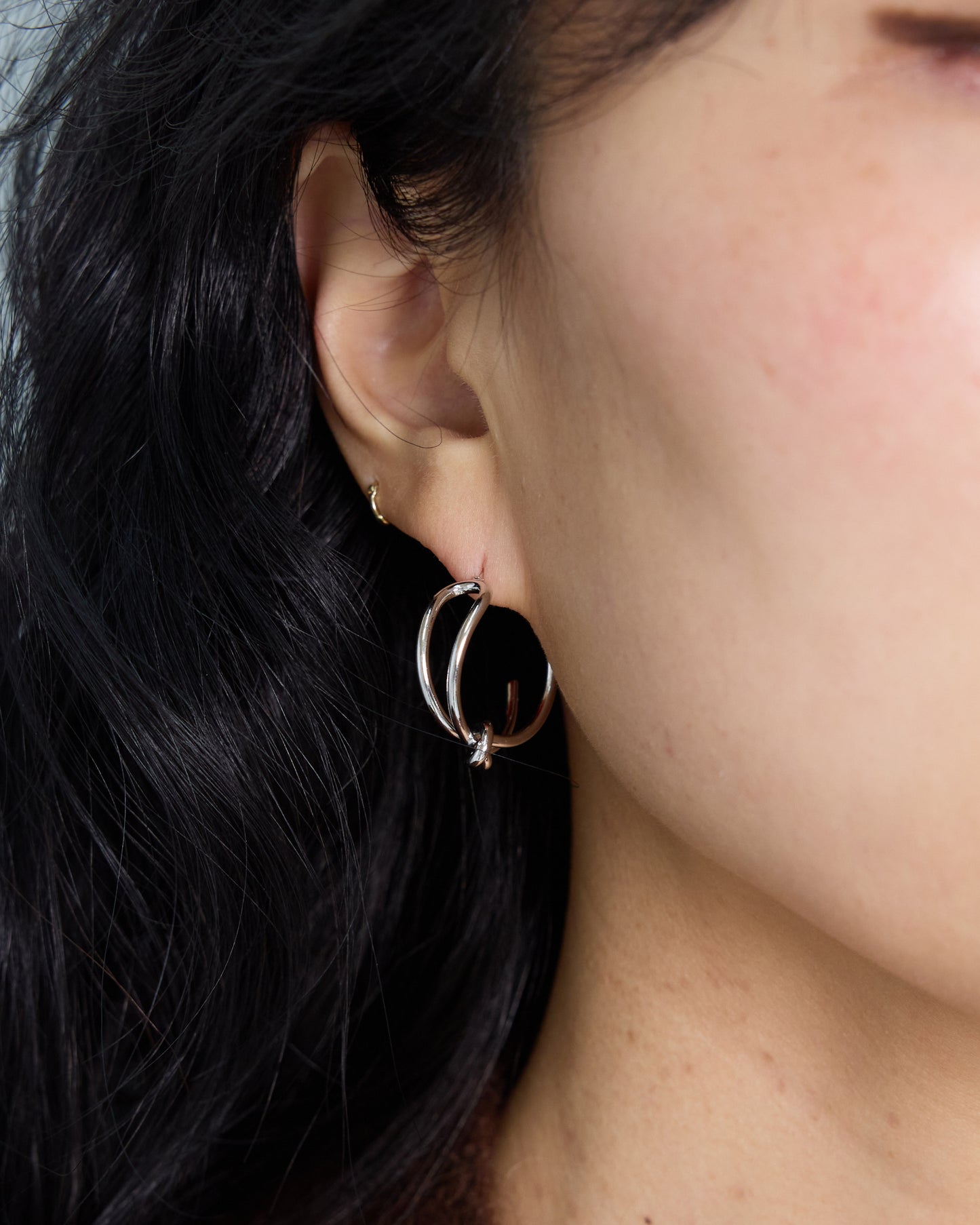 silver knot hoop earrings minimal double hoop design modern clean jewelry everyday silver earrings