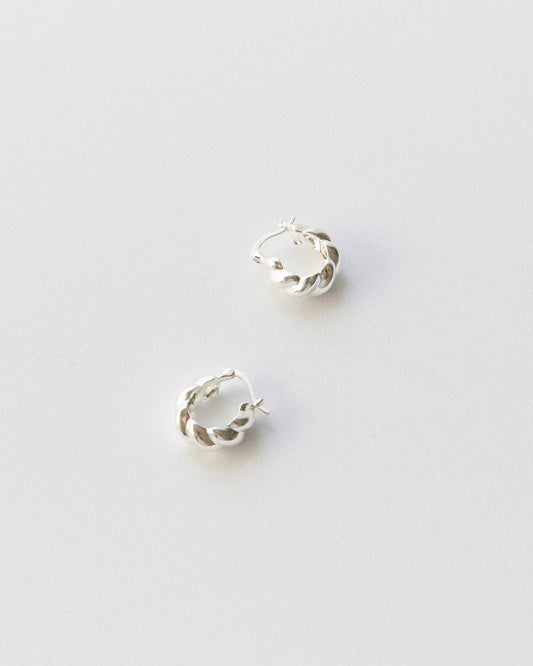 Two silver earrings on a light gray background