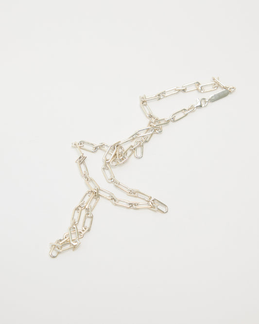 sterling silver chain bracelet and necklace set, rectangular link design, precious metal jewelry, matching chain pieces, contemporary silver accessories