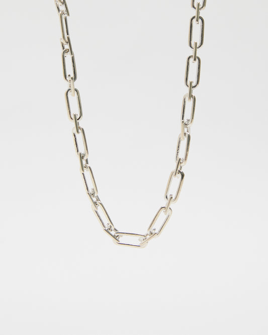 polished sterling silver link chain necklace, rectangular links with high-polish finish, contemporary minimalist jewelry design, layering-ready chain accessory for women