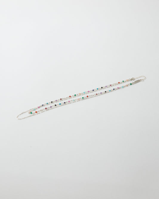 Double-layer sterling silver necklace featuring colorful gemstones and paperclip chain