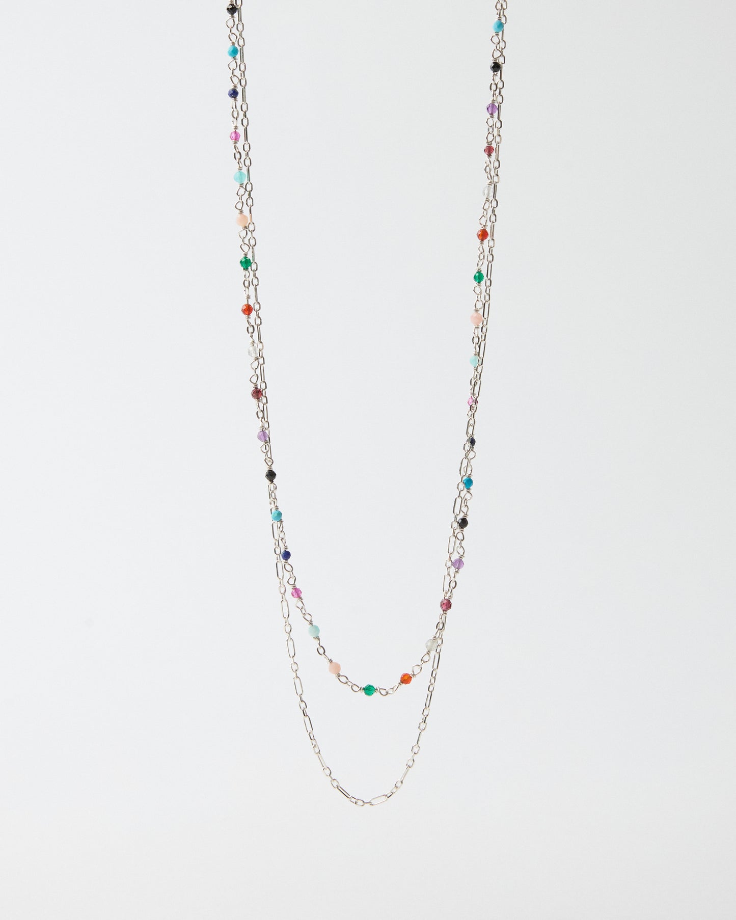 Hanging layered sterling silver necklace with multicolor gemstone accents