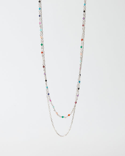 Hanging layered sterling silver necklace with multicolor gemstone accents