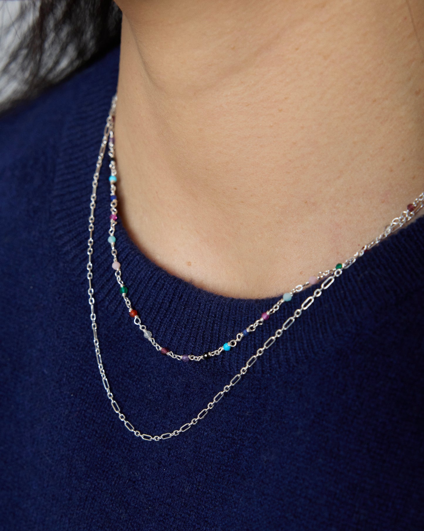 Layered sterling silver necklace featuring colorful gemstone chain and paperclip chain
