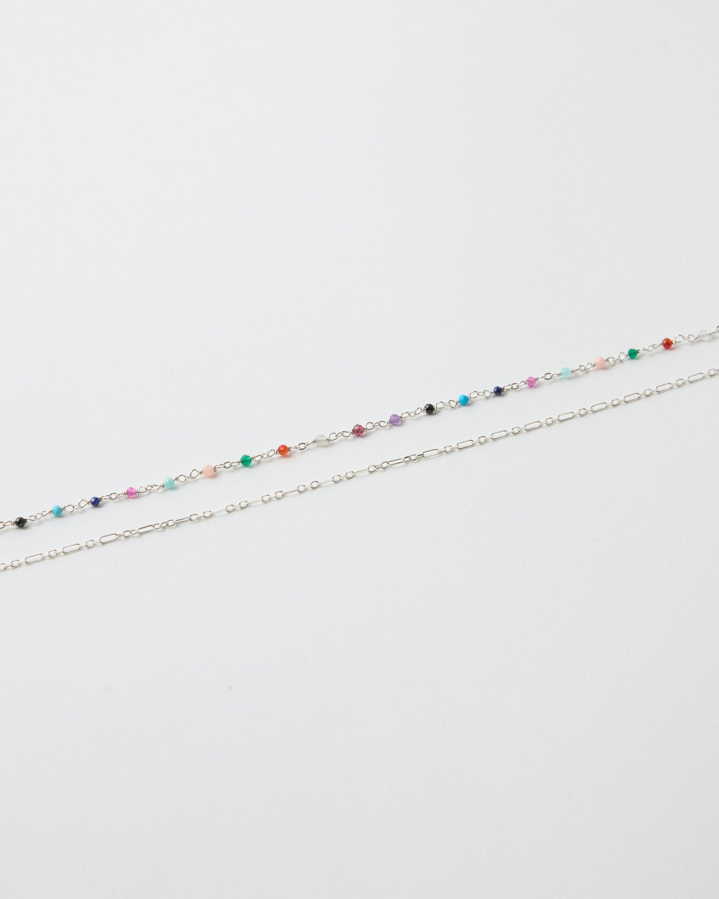 Close-up detail of colorful gemstone chain paired with sterling silver paperclip chain