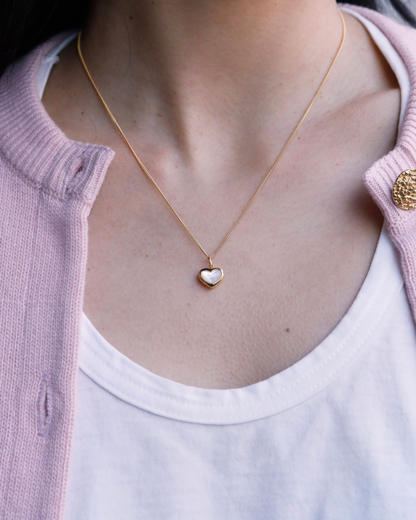 polished heart necklace featuring mother of pearl, simple and timeless design